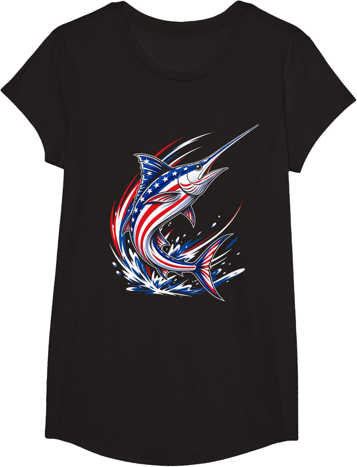 Patriotic Swordfish 4th of July American Flag Marlin Fishing T-Shirt - Girls Black