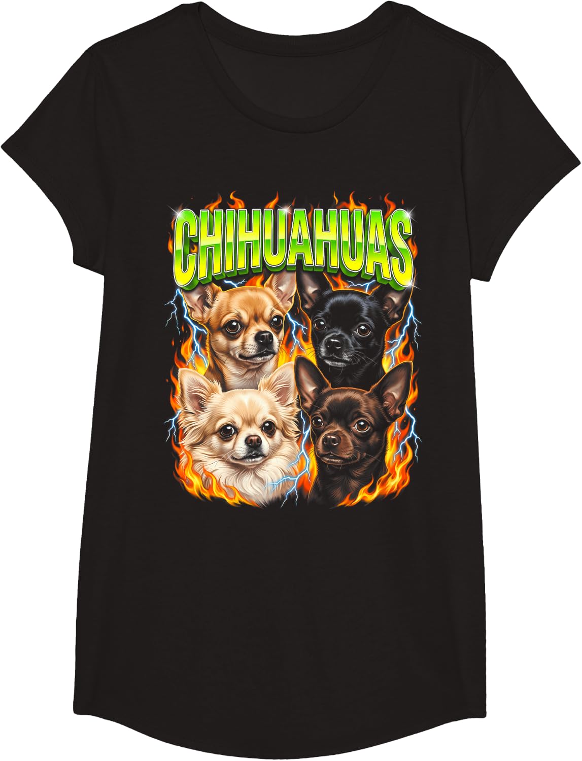 Chihuahuas Fire Lightning Bootleg Rap T-Shirt - Girls Black
