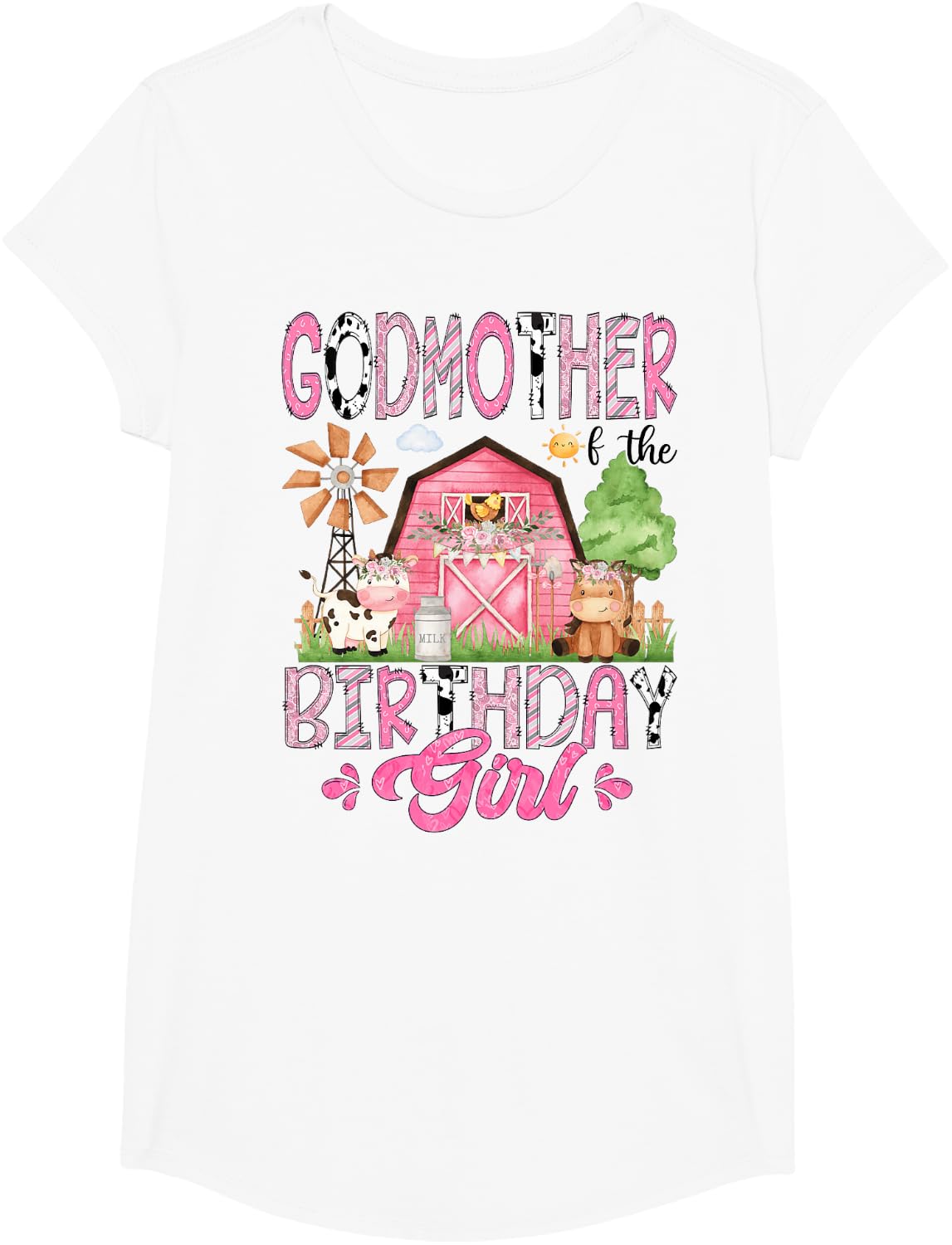 Godmother of The Birthday Girl Pink Farm Cow Animals Lover T-Shirt - Girls White