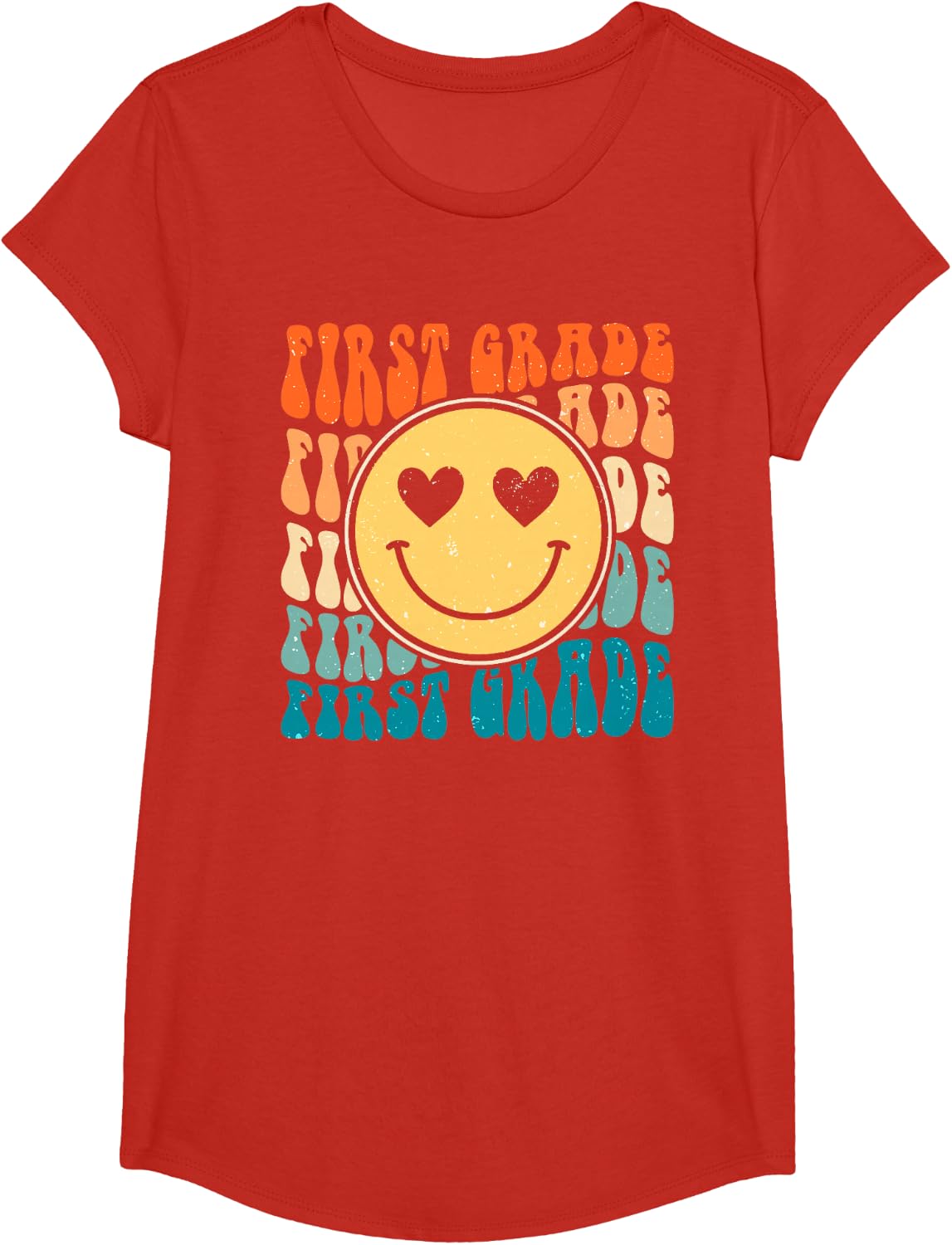 Boho Vintage Retro Groovy Smile 1st First Grade Teacher Men Women Girls Kids T-Shirt - Girls Red