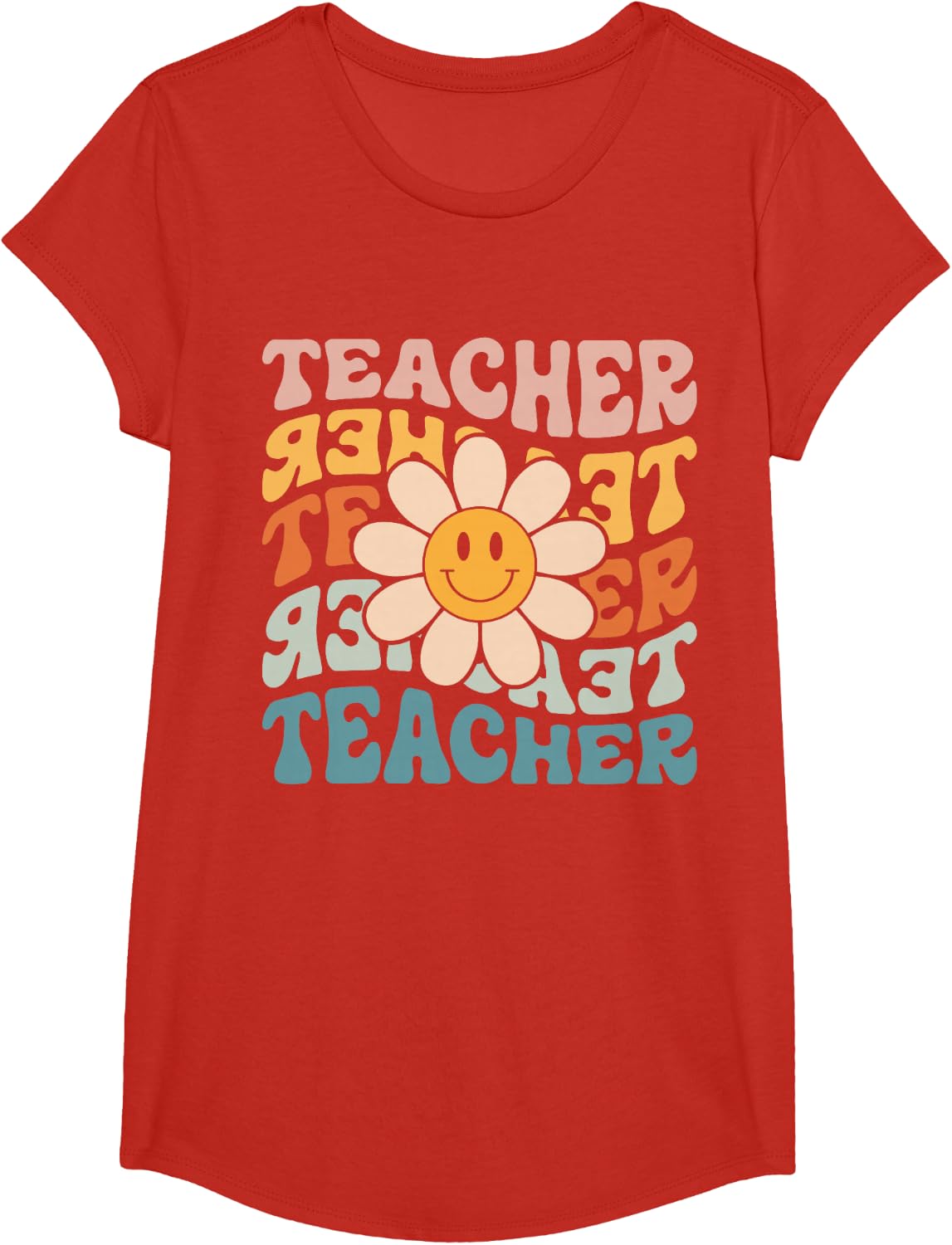 Retro Teacher Daisy Colorful Tee Shirt - Elementary School Teacher T-Shirt - Girls Red