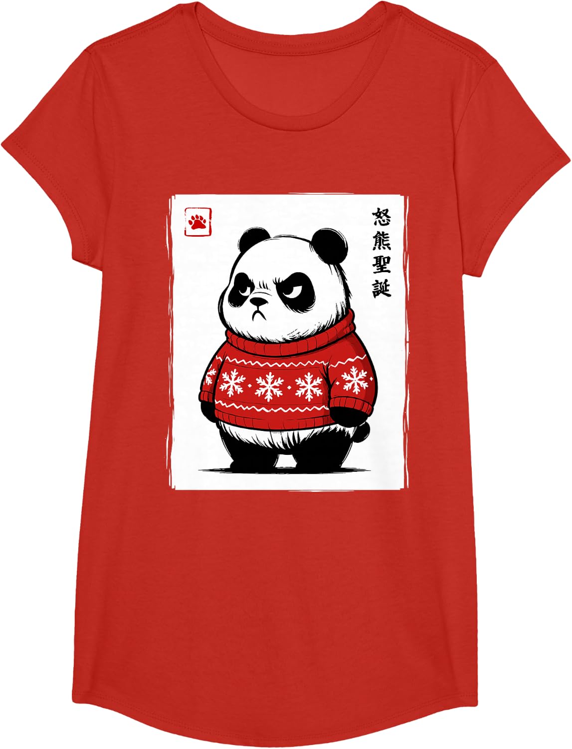 Grumpy Panda Japanese Art Kawaii Funny Christmas T-Shirt - Girls Red