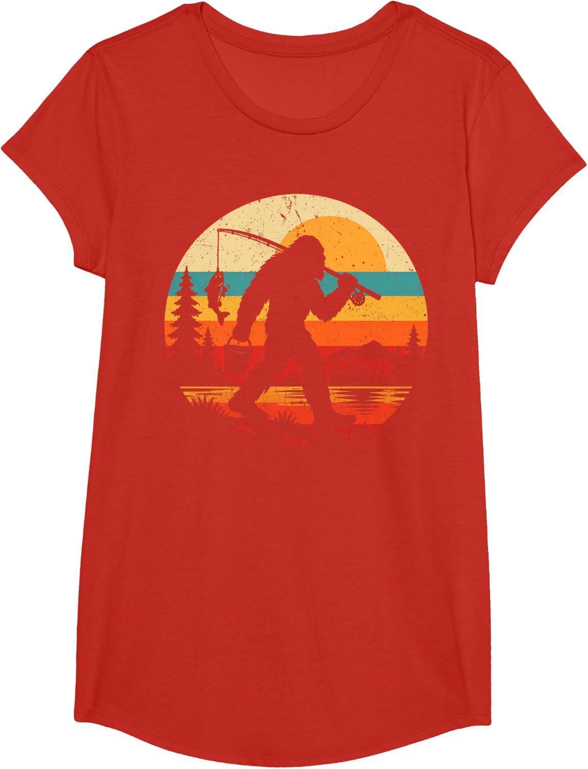 Bigfoot Fishing Angler Retro Fisherman Sasquatch Fish T-Shirt - Girls Red
