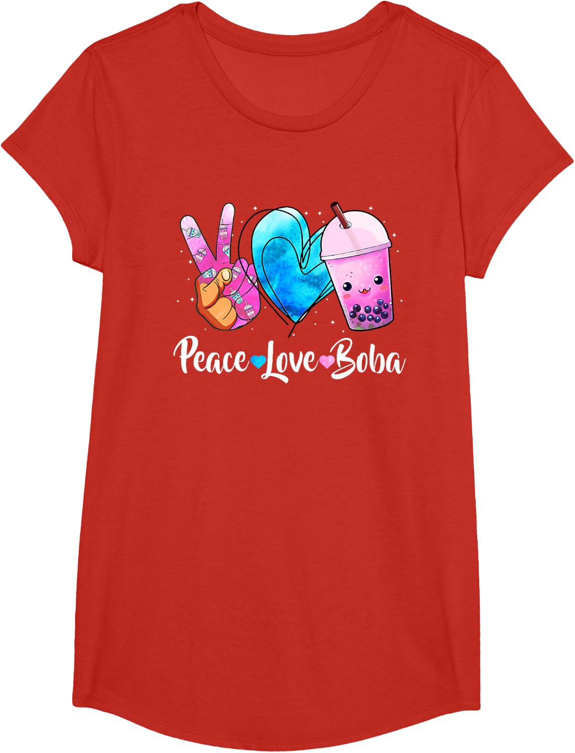 Peace Love Boba Bubble Tea Cute T-Shirt For Teen Girls Kawaii Japanese Tees - Girls Red