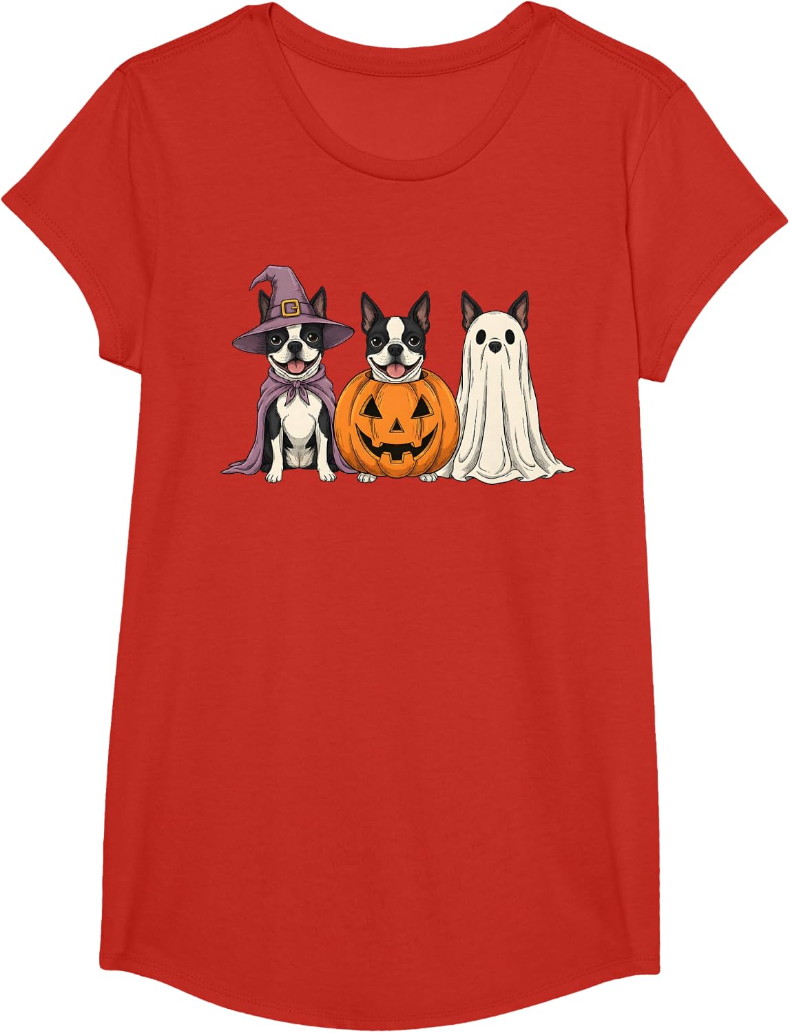Spooky Ghost Boston Terrier Pumpkin Halloween Dog Lover T-Shirt - Girls Red