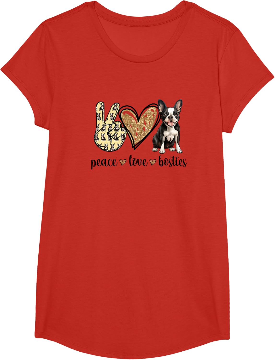 Funny Womens Girls Kids Peace Love Boston Terrier Dog Lover T-Shirt - Girls Red