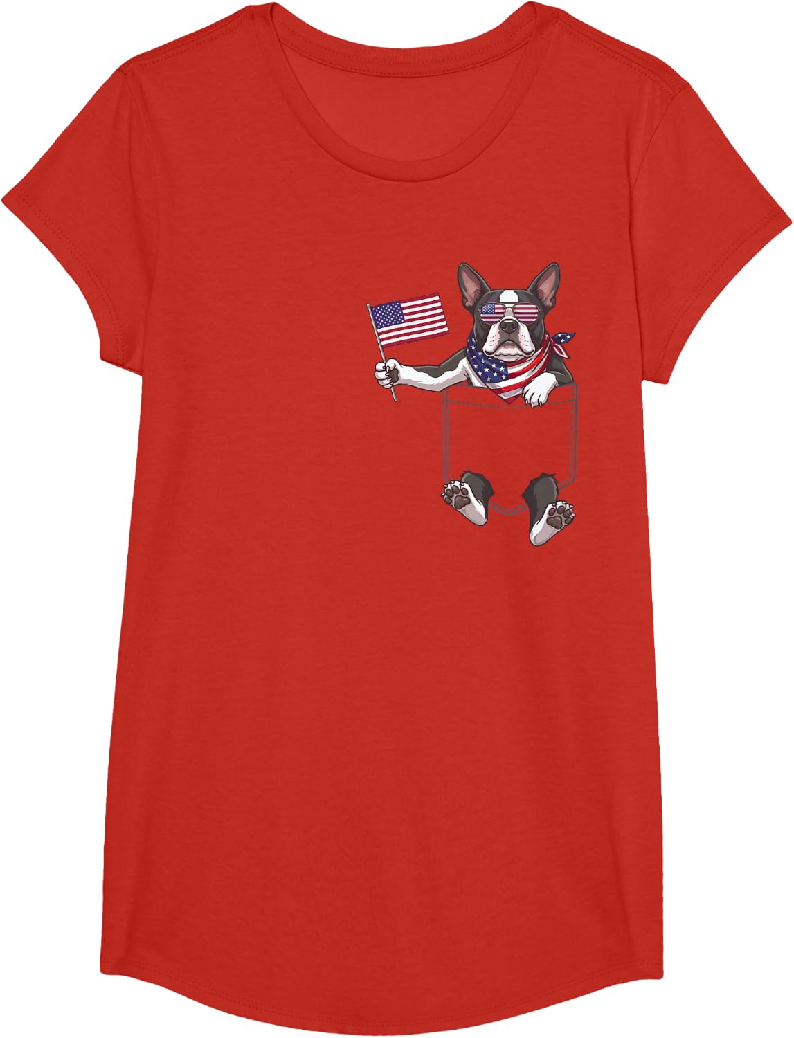 Boston Terrier Dog Pocket American Flag Tee 4th of July USA T-Shirt - Girls Red