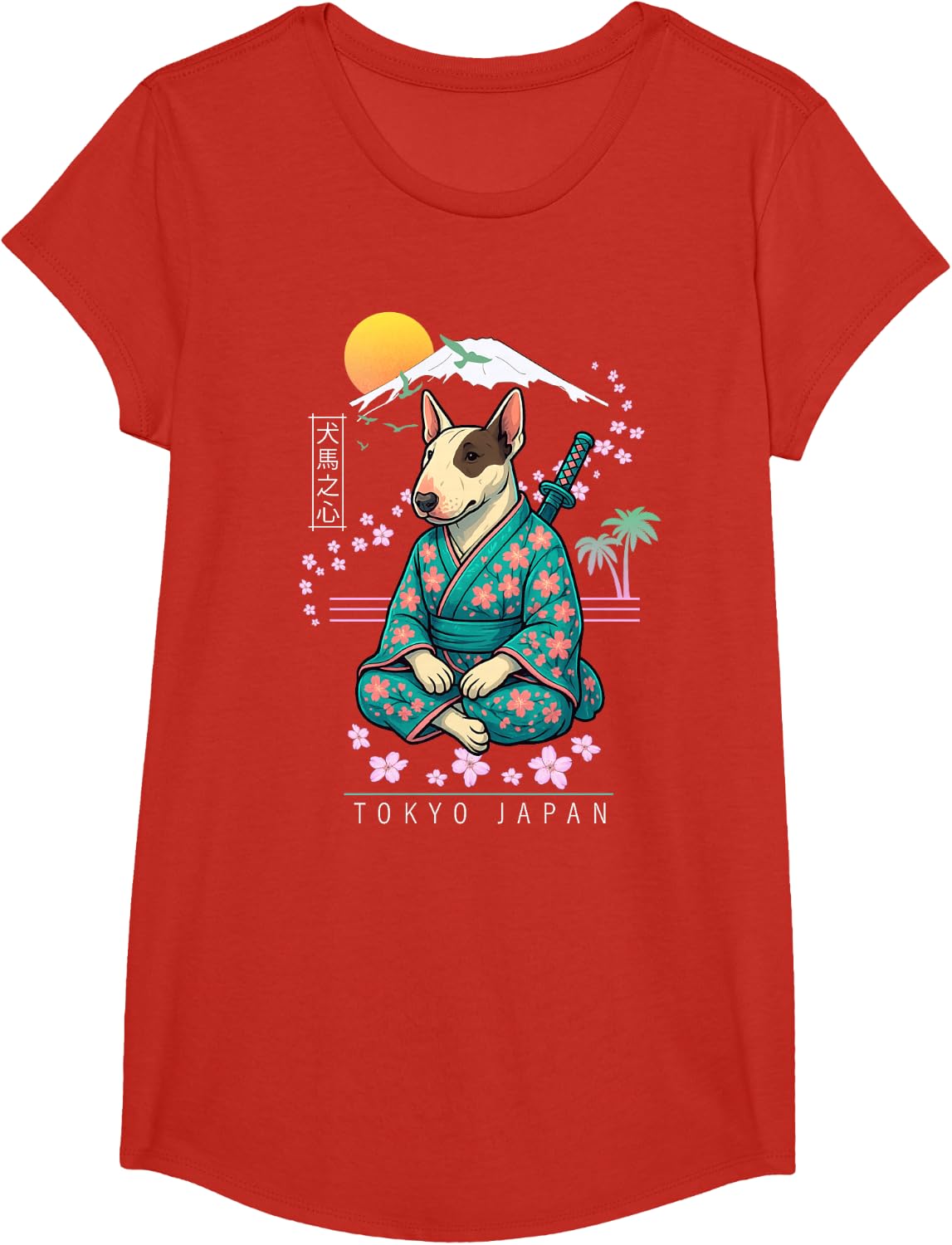 Bull Terrier Shirt Japanese Kimono Dog Tee T-Shirt for Pet Lovers - Girls Red