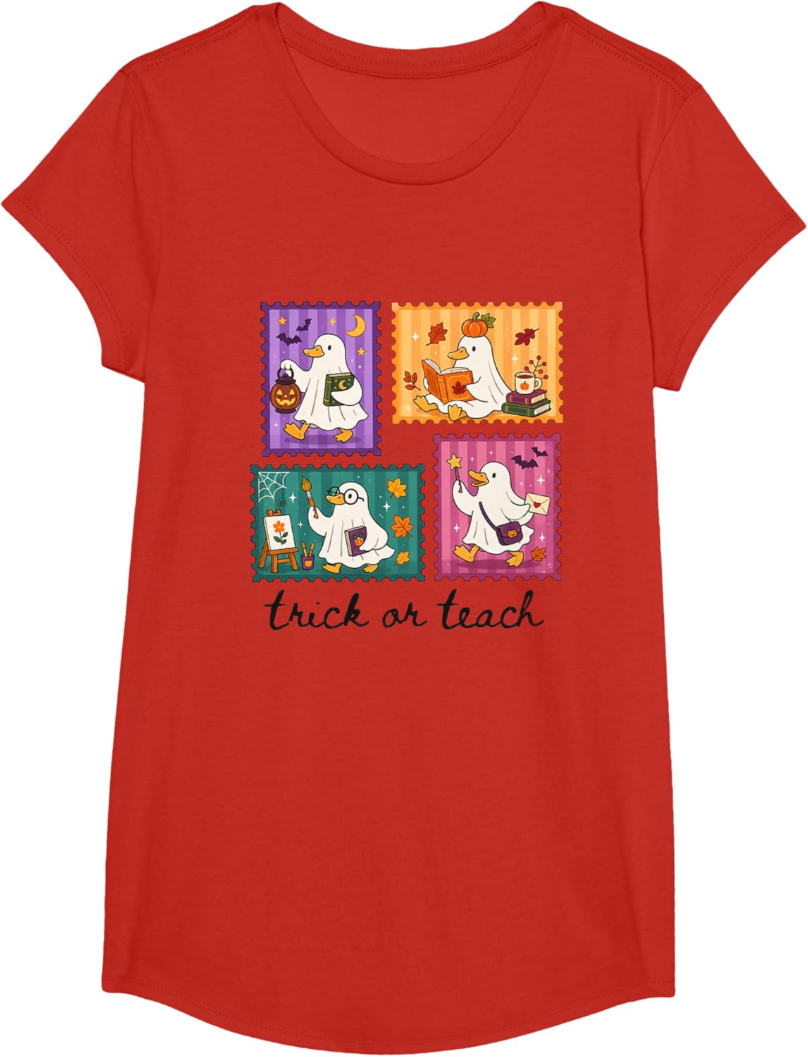 Trick or Teach Funny Goose Teacher Halloween Spooky Season T-Shirt - Girls Red