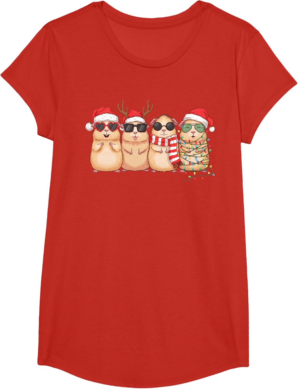 Funny Guinea Pig Lover Santa Hat Christmas Lights Xmas Crew T-Shirt - Girls Red