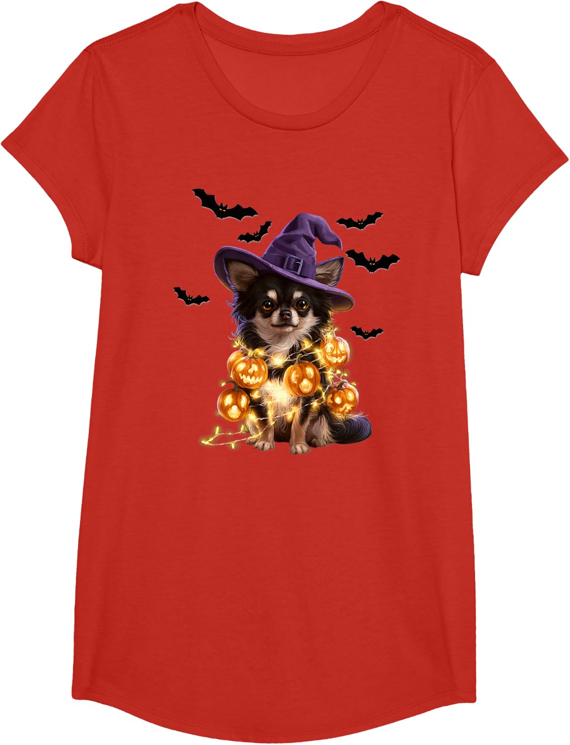 Cute Chihuahua Glowing Pumpkin Light Funny Dog Halloween T-Shirt - Girls Red