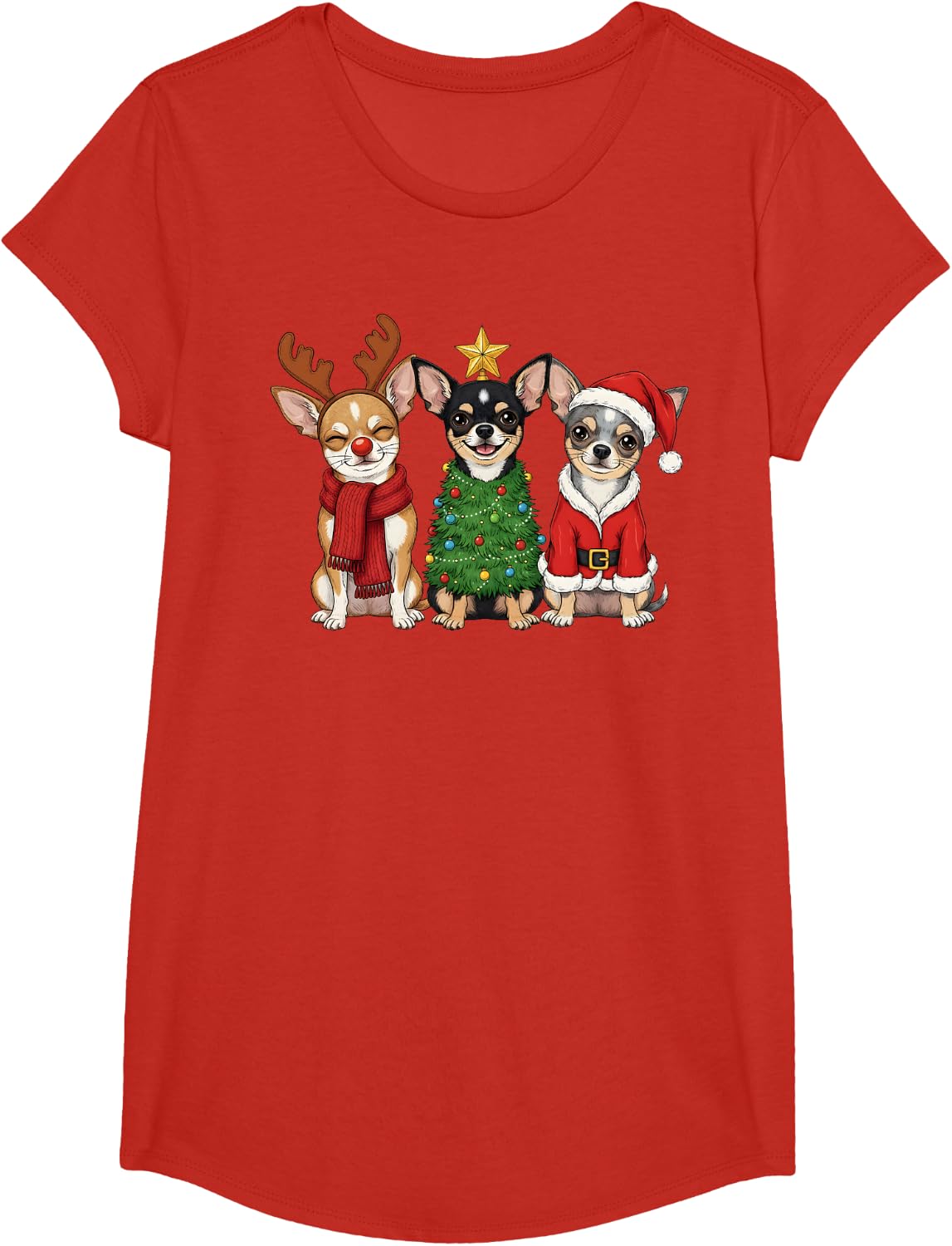 Retro Christmas Chihuahua Santa Reindeer Dog Lover T-Shirt - Girls Red
