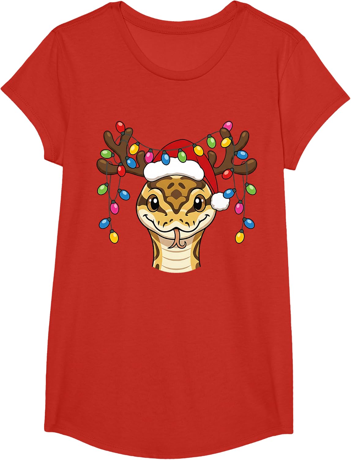 Cute Ball Python Snake Reindeer Antler Xmas T-Shirt - Girls Red