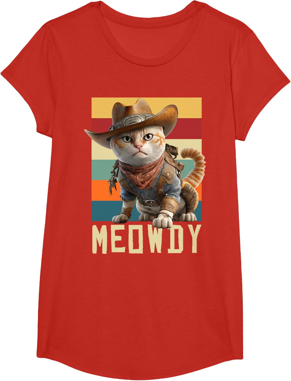 Funny Cowboy Cat Mashup Meow Howdy Kitten Lovers Meme Meowdy T-Shirt - Girls Red