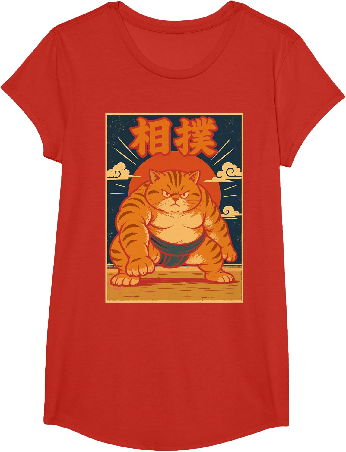 Sumo Cat Japanese Wrestler Vintage Ukiyo-e Art Men Women T-Shirt - Girls Red