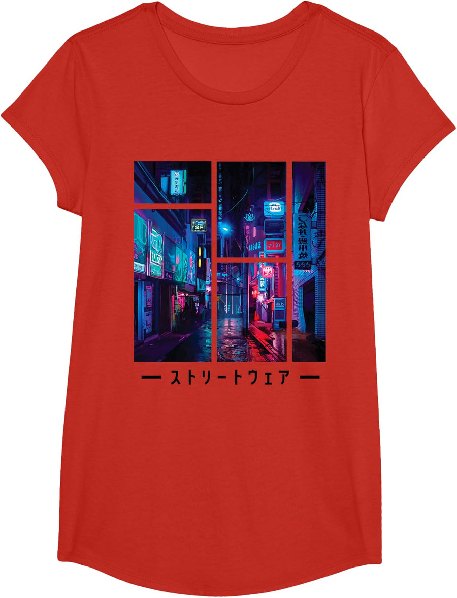 Cyberpunk Synthwave City Retro Vaporwave Aesthetic T-Shirt - Girls Red