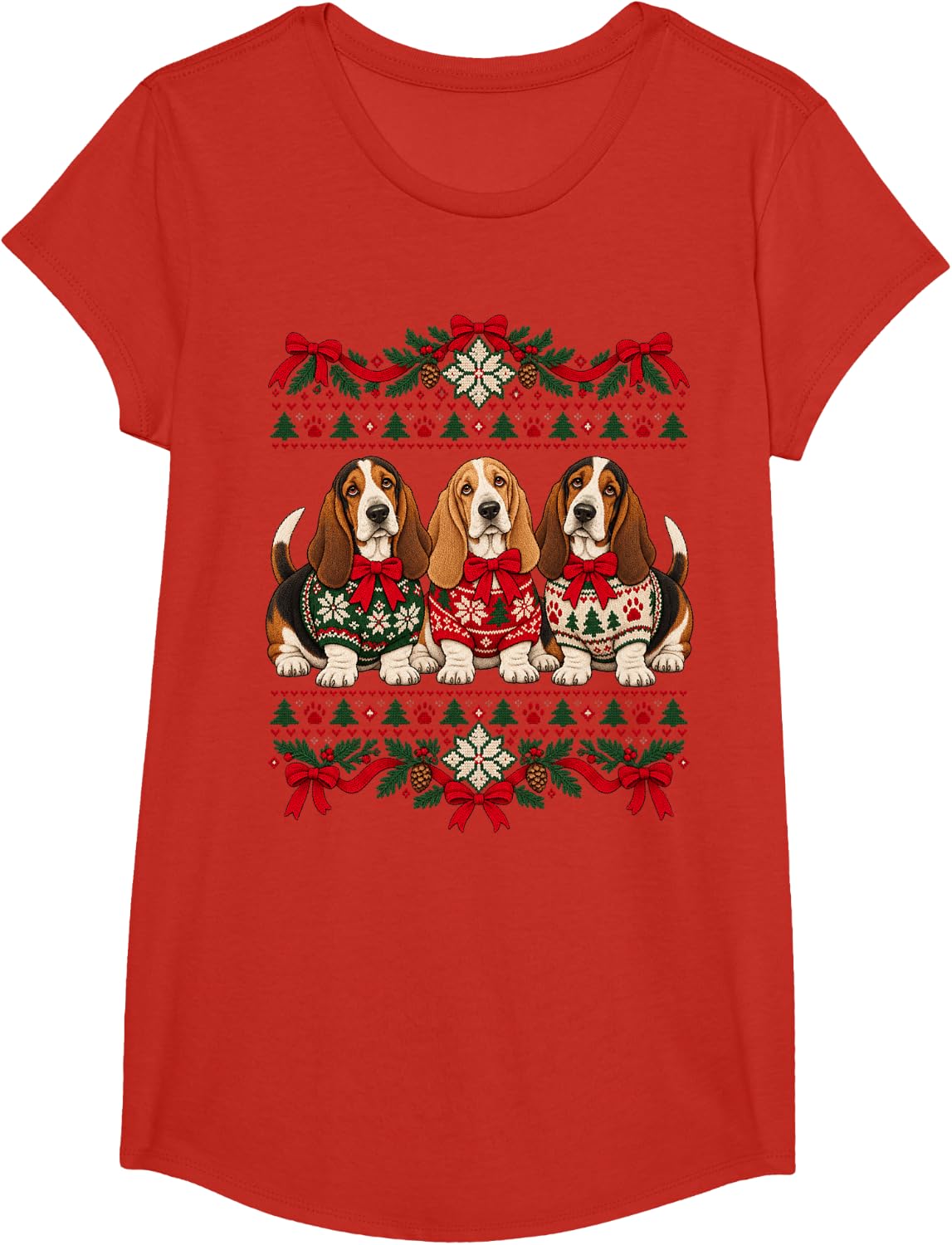 Christmas Basset Hound Ugly Sweater Holiday Xmas Dog Lover T-Shirt - Girls Red