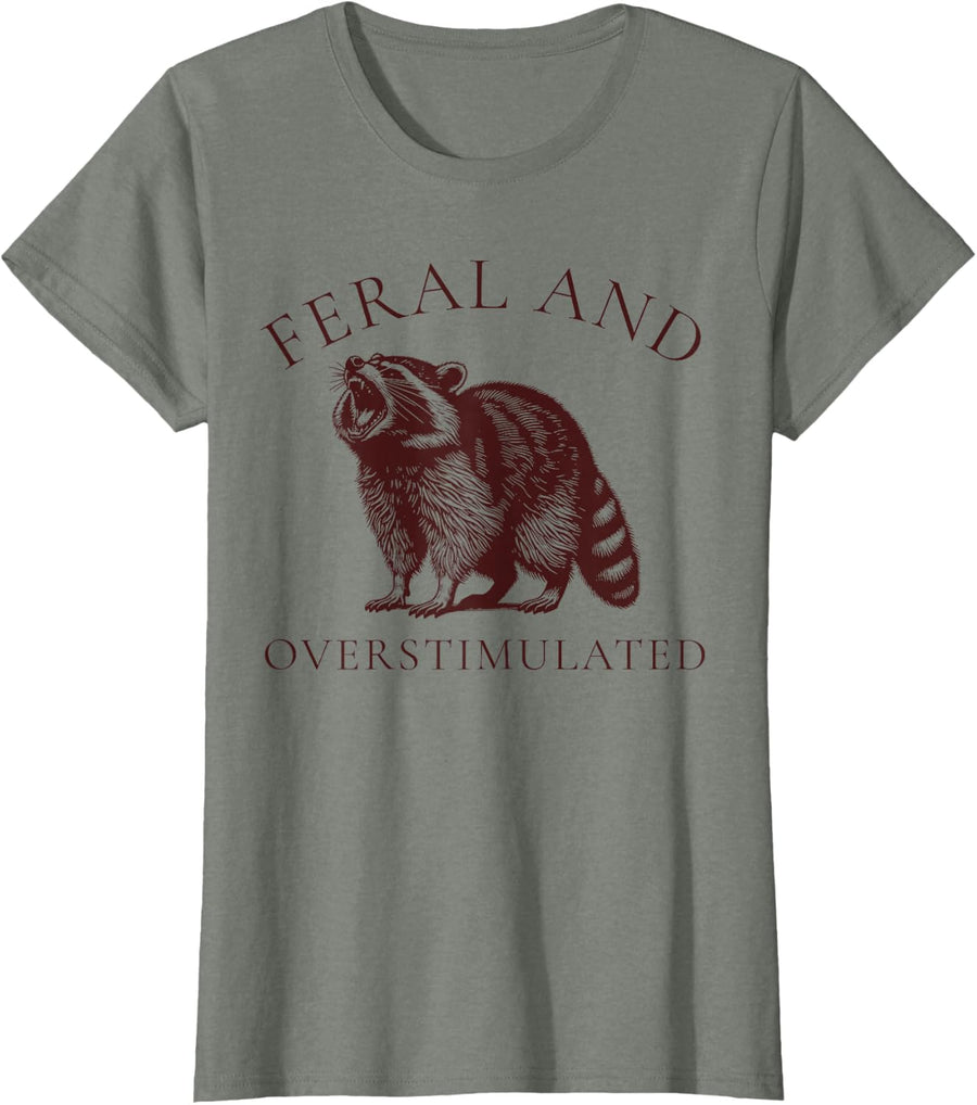 Feral and Overstimulated Funny Raccoon ADHD Vintage Autism T-Shirt - Olive Heather