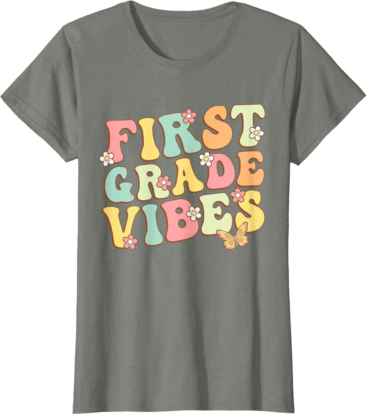 First Grade Vibes Hello Team 1st Grade Teacher Kids Retro T-Shirt - Olive Heather
