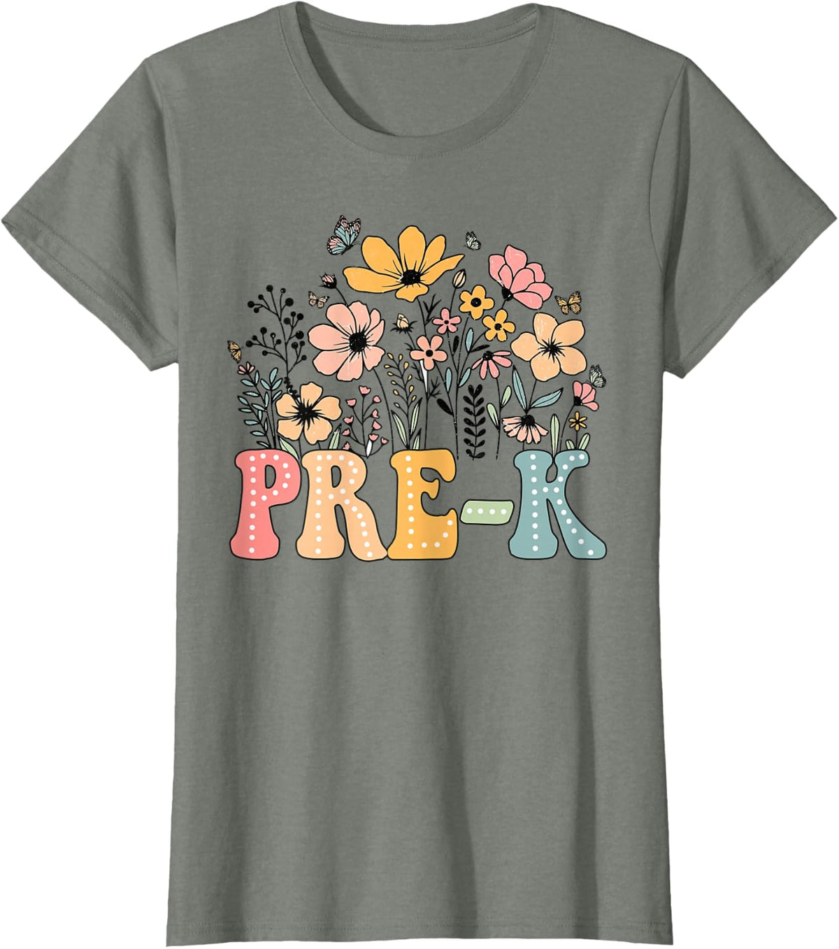 Wildflower Pre-K Preschool Team Floral Teacher Tees T-Shirts for Girls Back to School - Olive Heather