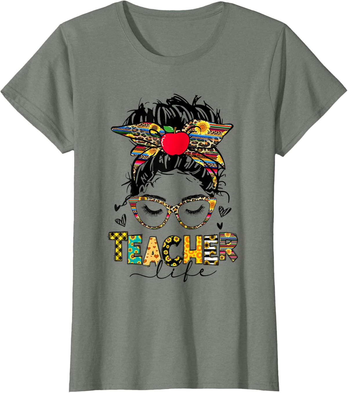 Teacher Life Messy Bun Glasses Leopard Sunflower Mothers Day T-Shirt - Olive Heather