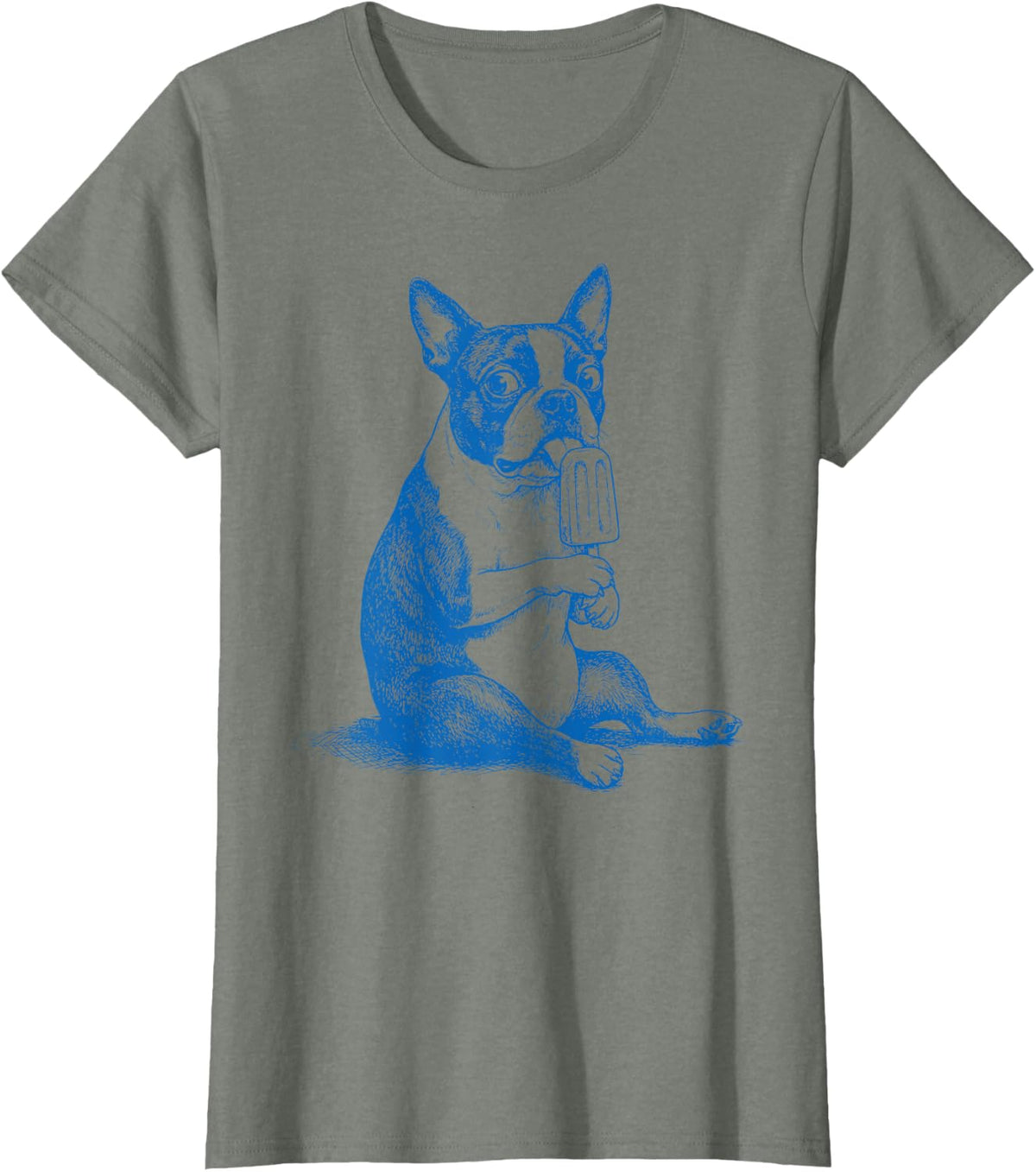 Vintage Funny Boston Terrier Dog Eating Popsicle Summer T-Shirt - Olive Heather