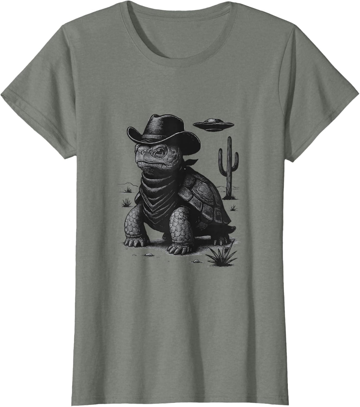 Funny Cowboy Tortoise UFO Alien Western Space Tortoise T-Shirt - Olive Heather