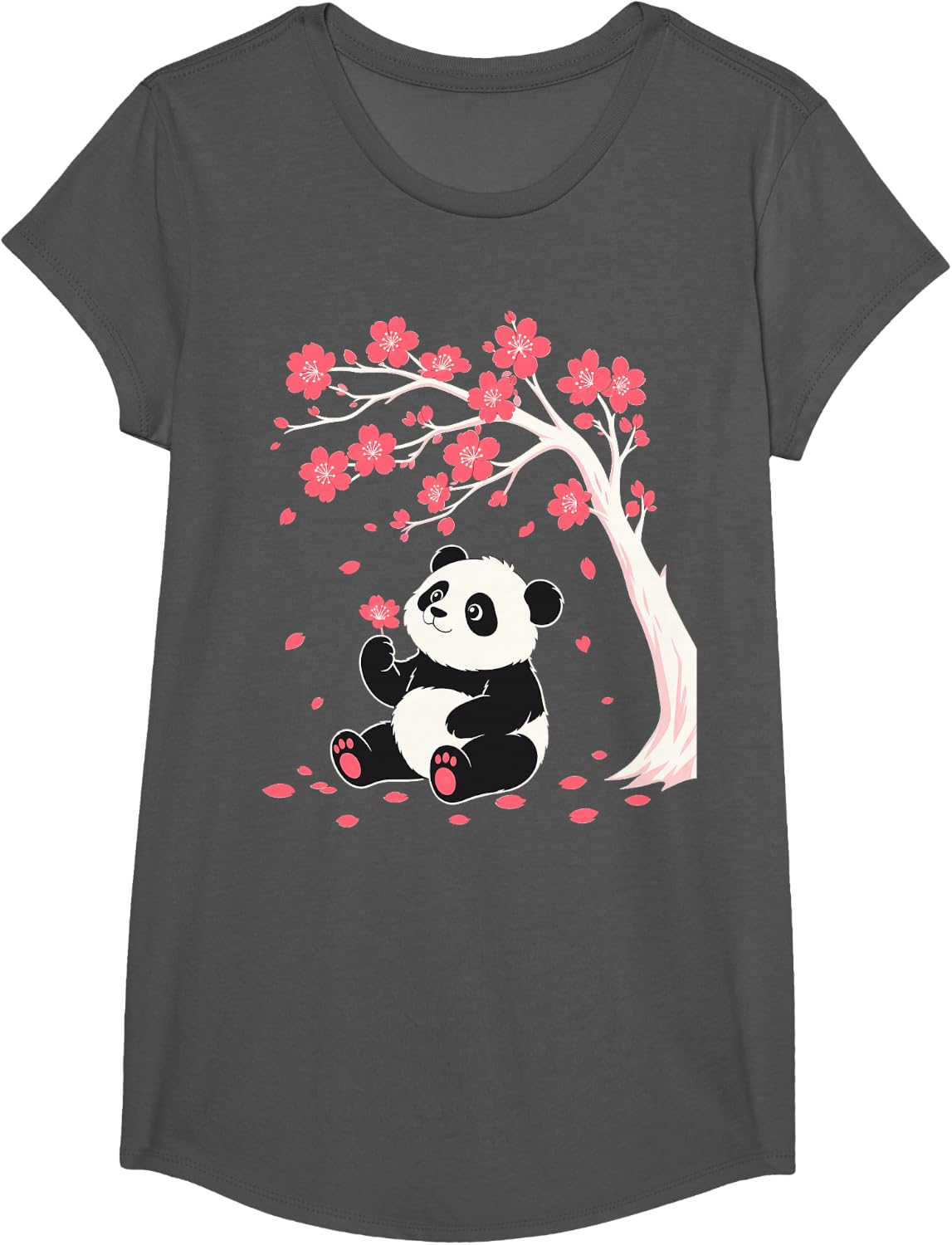 Panda Blossoms Cute Panda Bear T-Shirt - Girls Asphalt Grey