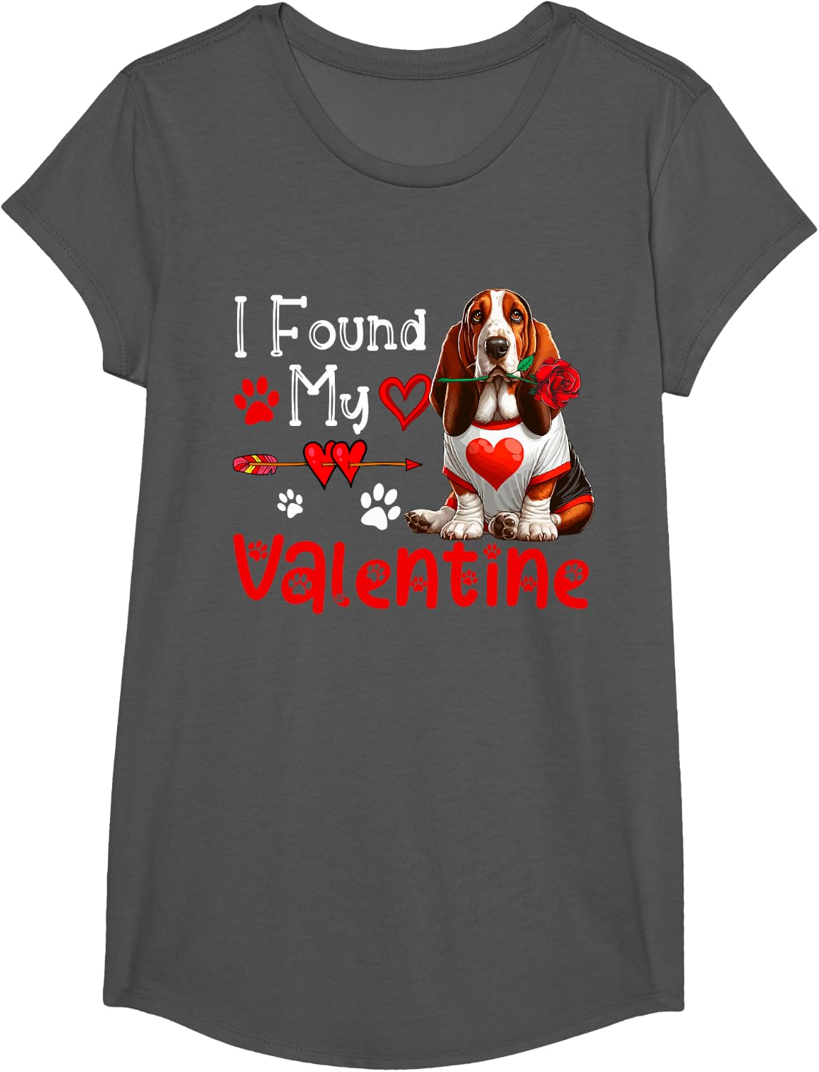 I Found My Valentine Basset Hound With Flower Cute Hearts Tee T-Shirt For Dog Lovers - Girls Asphalt Grey