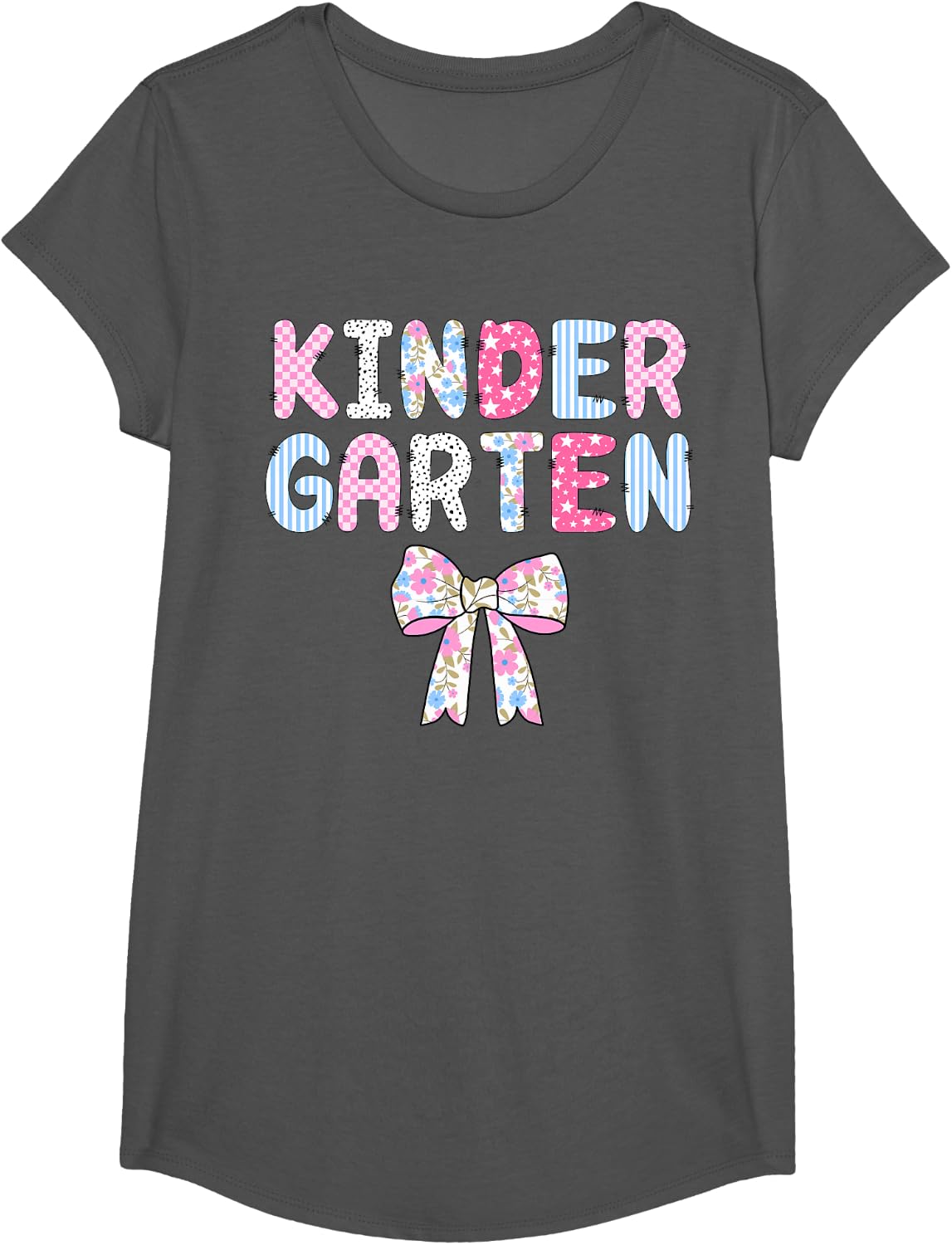 Preppy Kindergarten Coquoette Bow Back To School Teacher T-Shirt - Girls Asphalt Grey