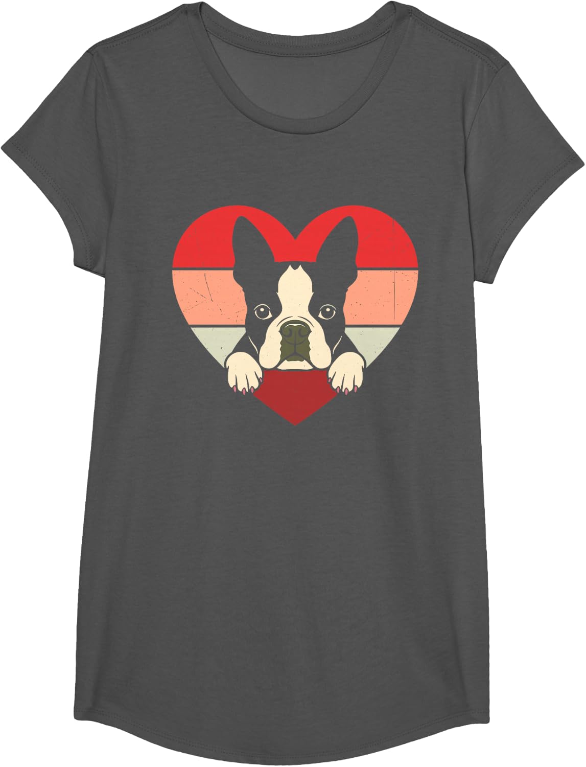 Retro Heart Boston Terrier Dog Vintage Valentine Tees T-Shirts For Women Men - Girls Asphalt Grey