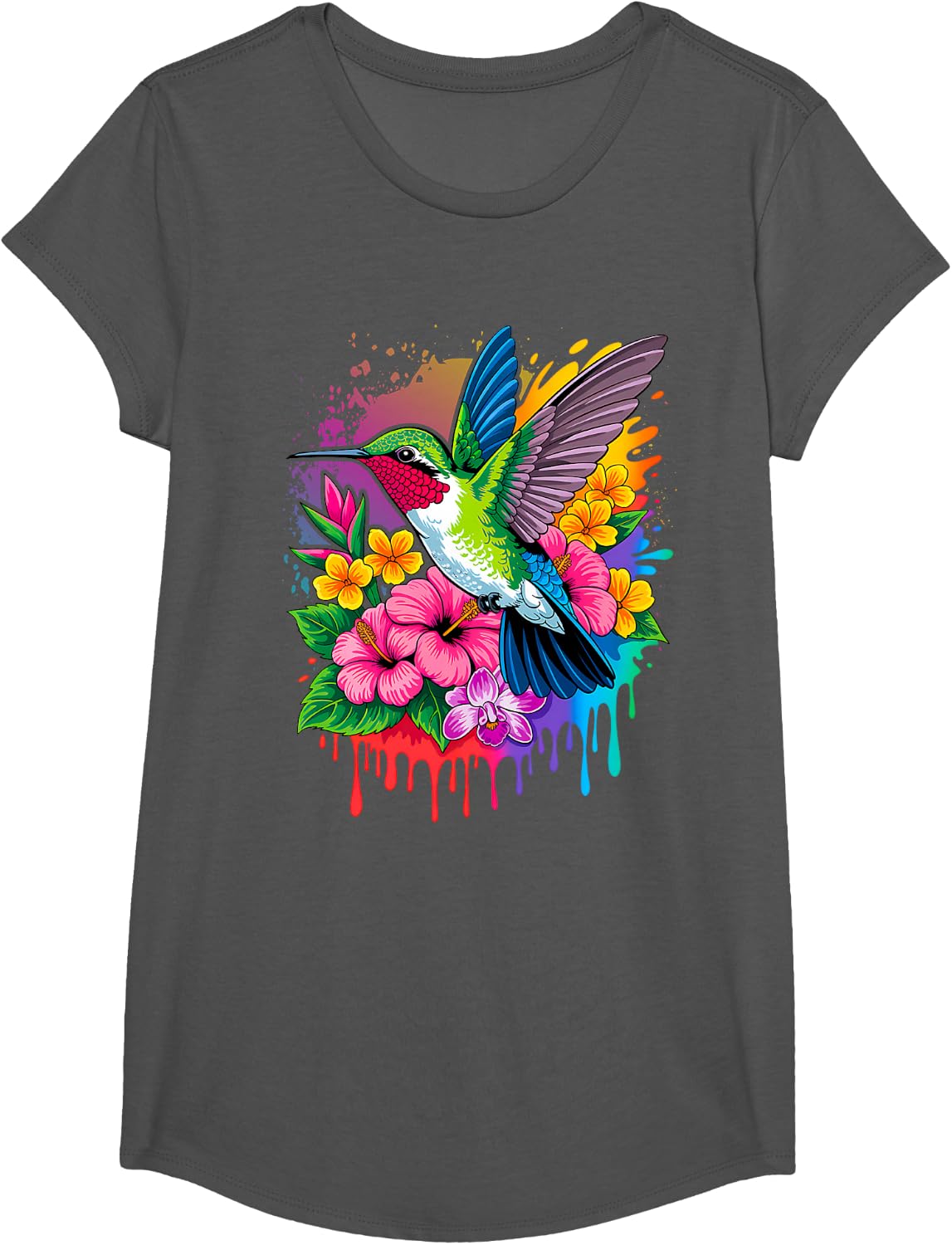Hummingbird Lovers Colorful Floral T-Shirt - Girls Asphalt Grey