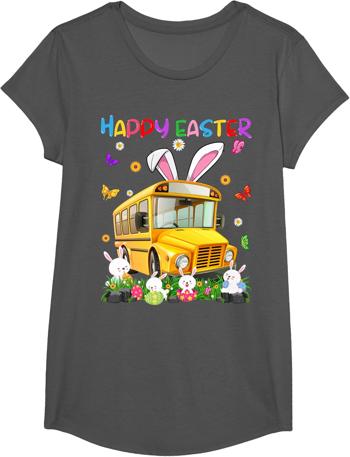 School Bus With Bunny Ears Bunnies & Easter Eggs Easter Day T-Shirt - Girls Asphalt Grey