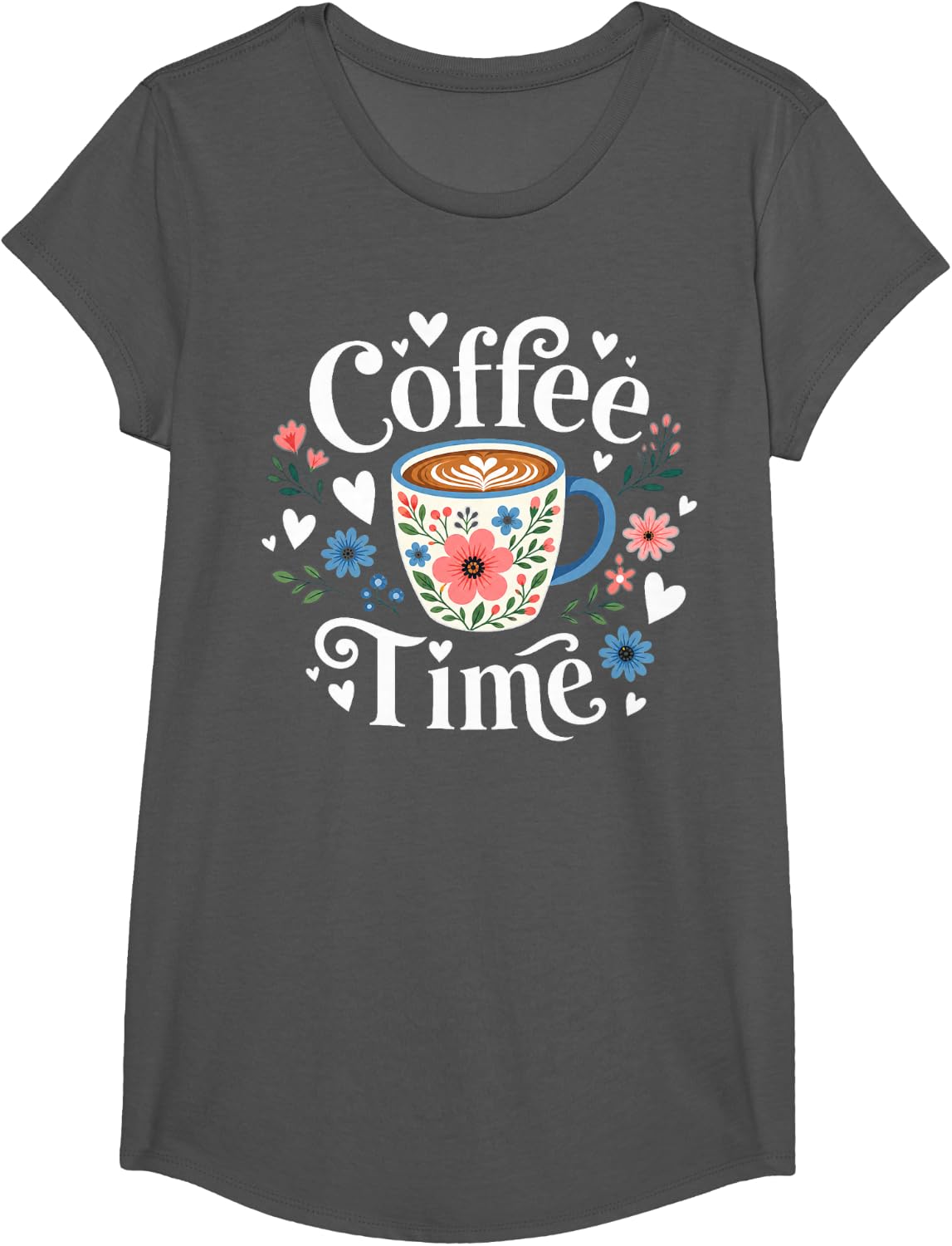 Coffee Time Floral Coffee Cup Design T-Shirt - Girls Asphalt Grey
