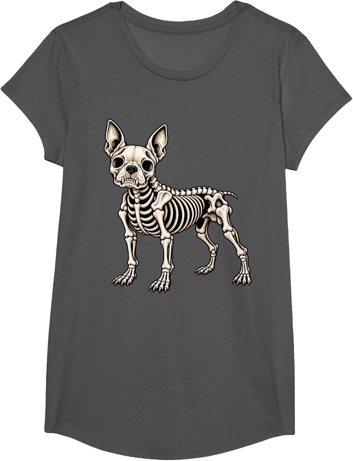 Boston Terrier Dog Skeleton Halloween T-Shirt - Girls Asphalt Grey