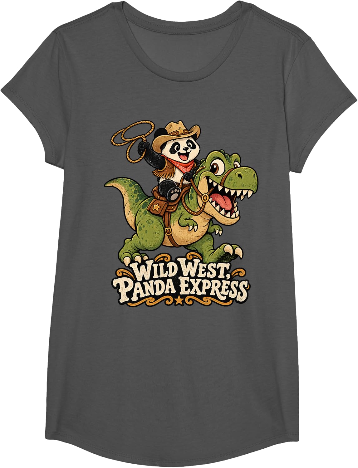 Cowboy Panda Riding T-Rex Dinosaur Art T-Shirt - Girls Asphalt Grey