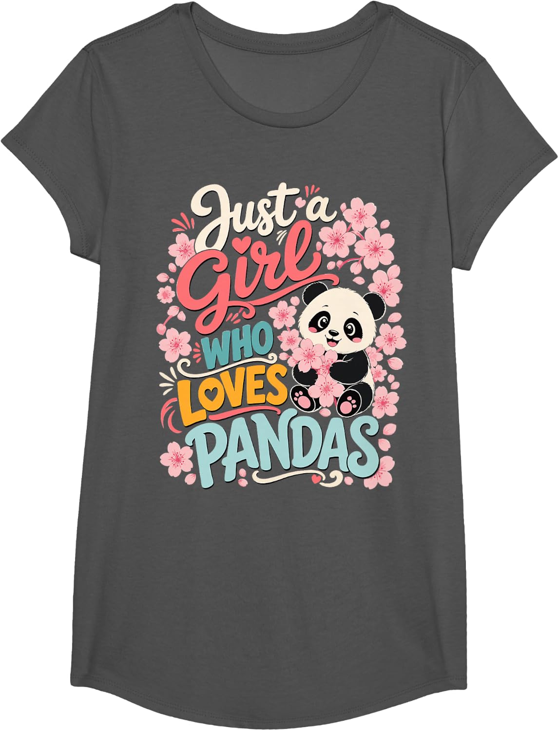 Cute Panda Girl Blossoms Panda Bear T-Shirt - Girls Asphalt Grey
