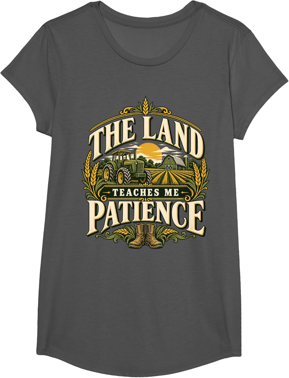 The Land Teaches Me Patience Rural Farm Life T-Shirt - Girls Asphalt Grey