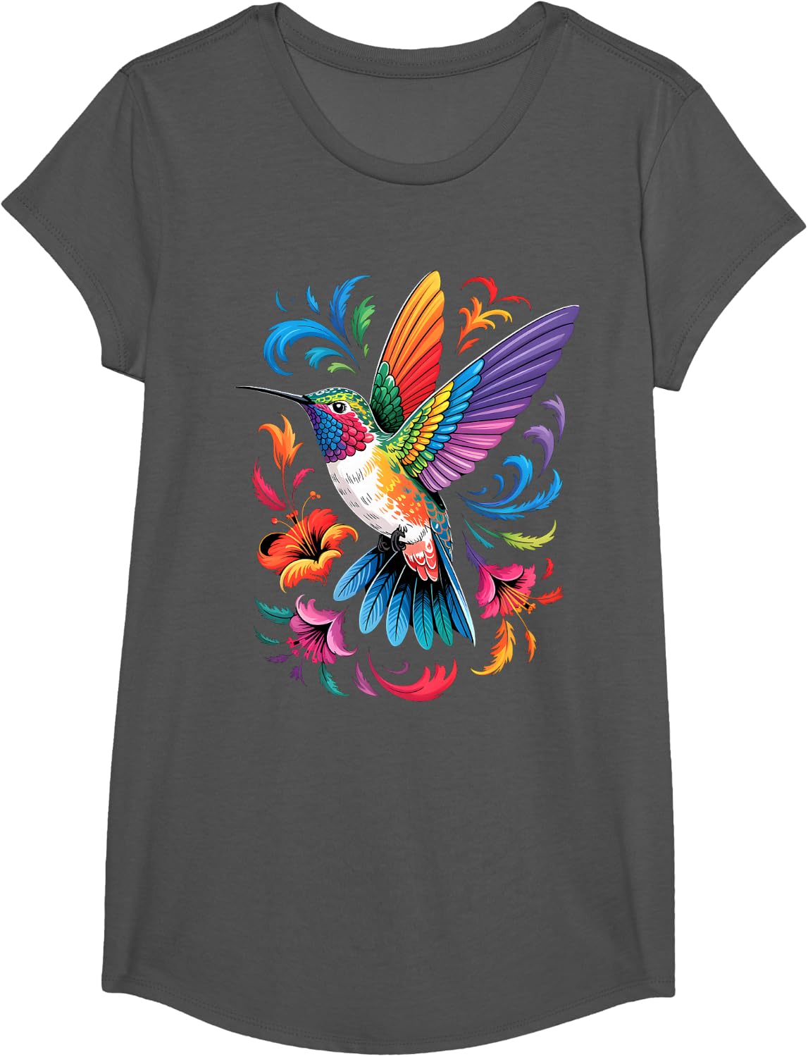 Hummingbird Art Animal Flowers Colorful Bird Hummindgbird T-Shirt - Girls Asphalt Grey