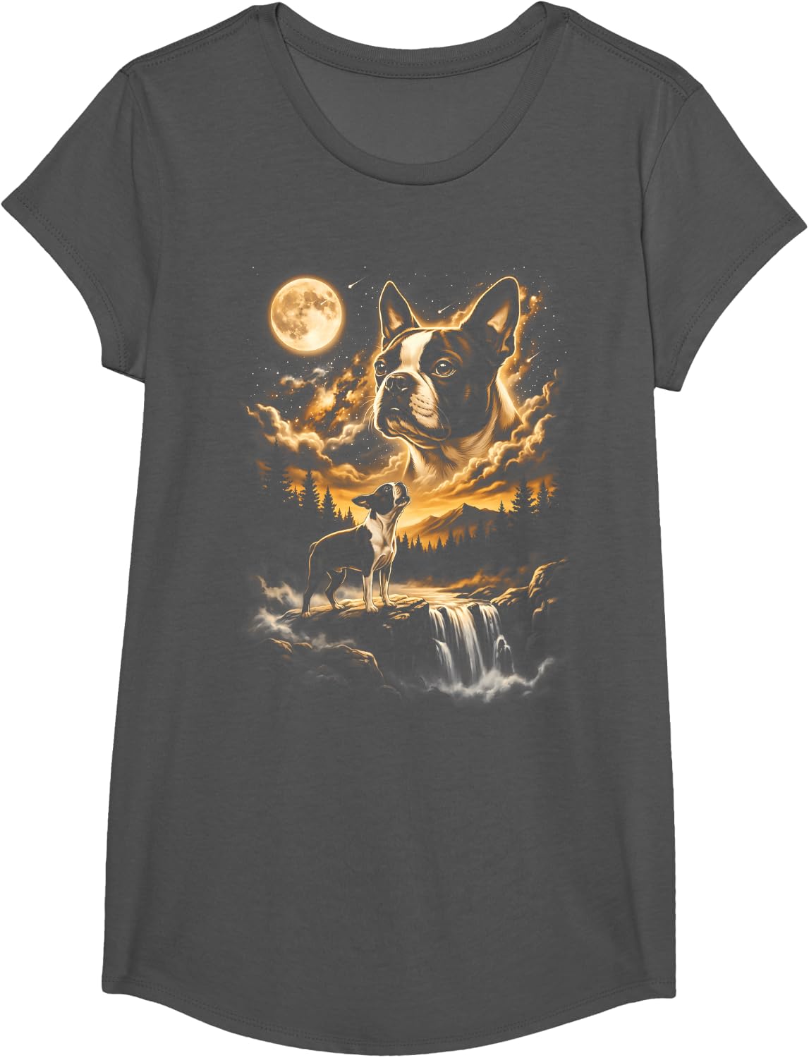 Boston Terrier Howling to The Moon T-Shirt - Girls Asphalt Grey