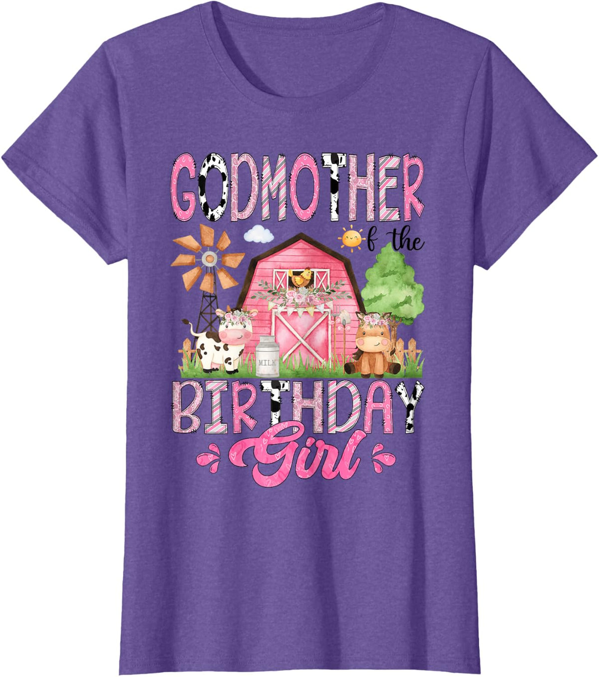 Godmother of The Birthday Girl Pink Farm Cow Animals Lover T-Shirt - Purple Heather