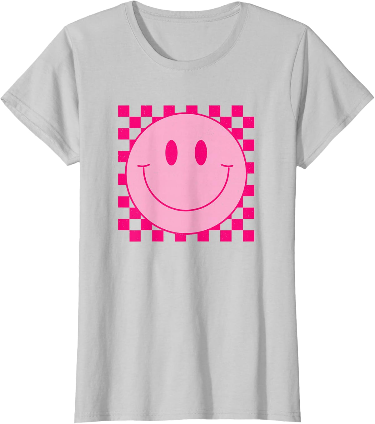 Vintage Pink Smile Face Cute Checkered Smiling Happy Face T-Shirt - Silver Grey