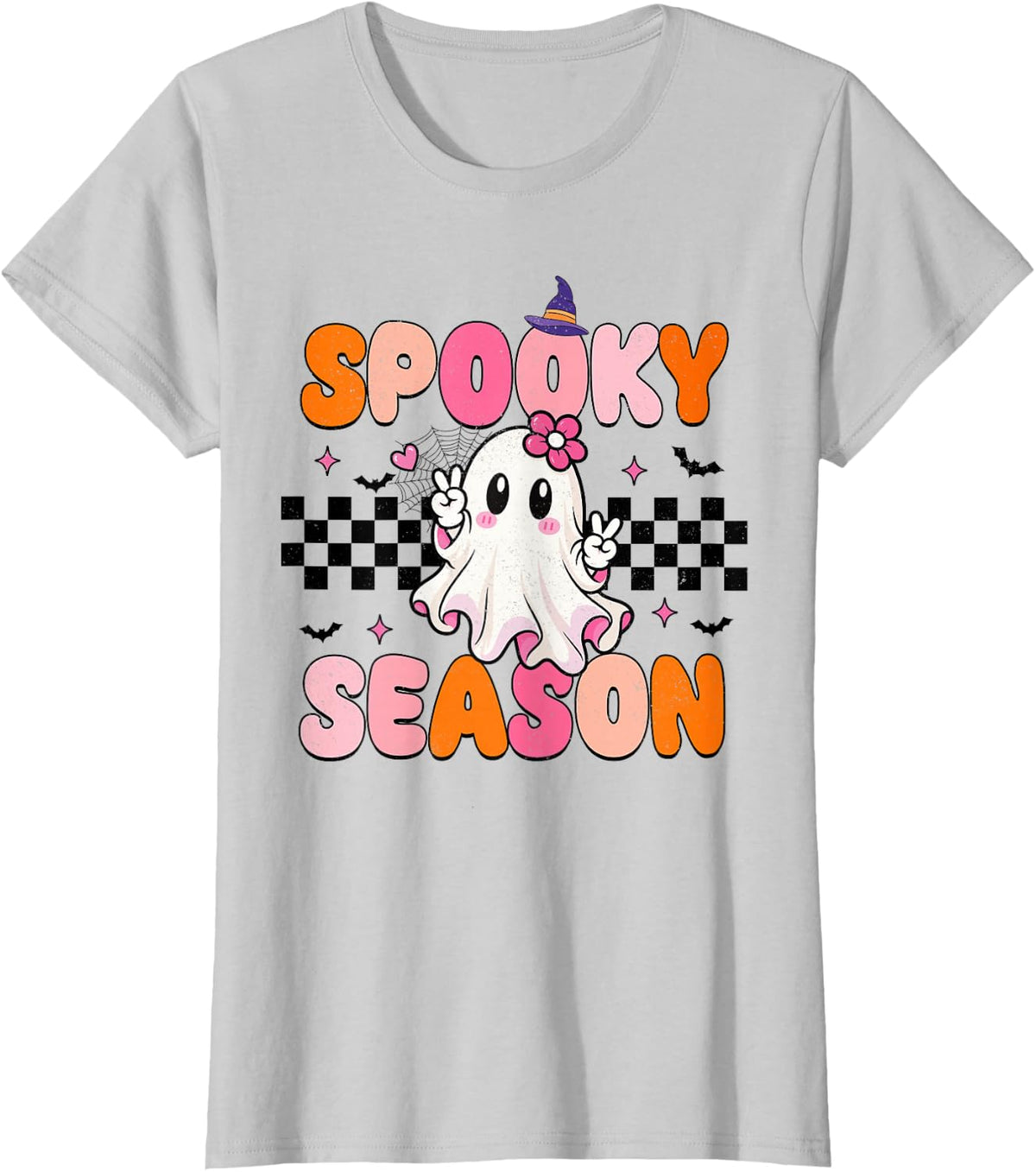 Spooky Season Retro Ghost Candy Cane Halloween Women Girls T-Shirt - Silver Grey