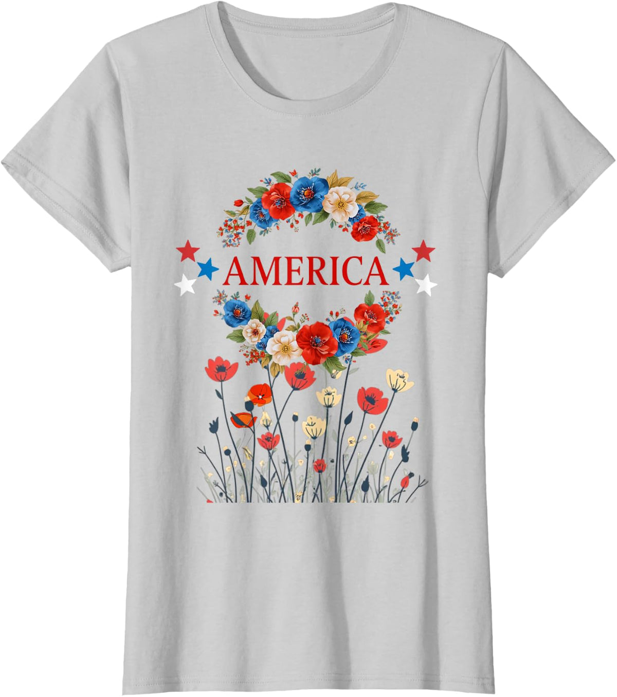 America Poppies Patriotic July 4 Flowers T-Shirt - Silver Grey