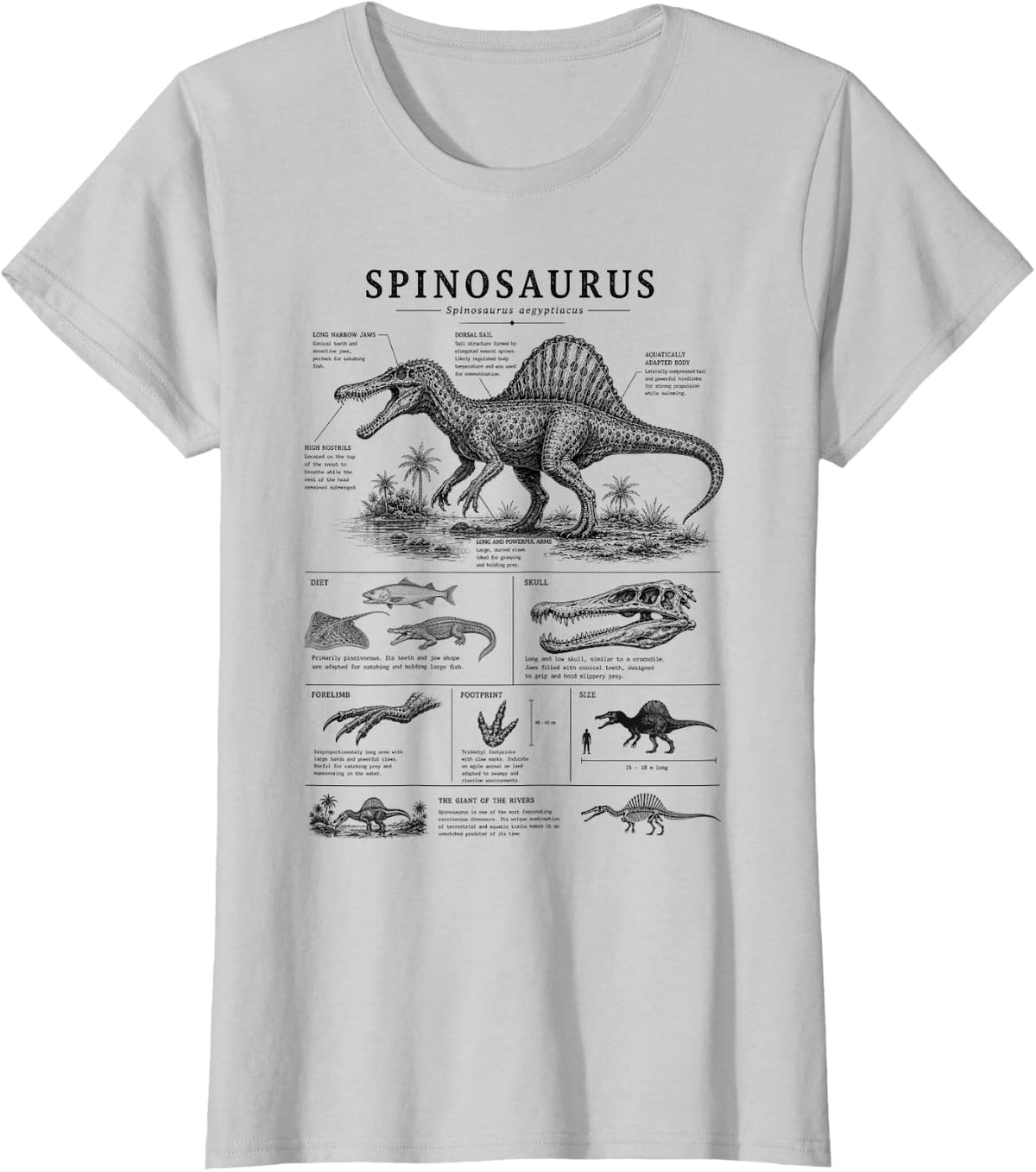 Spinosaurus Anatomy, Dinosaur Lover, Paleontologist T-Shirt - Silver Grey