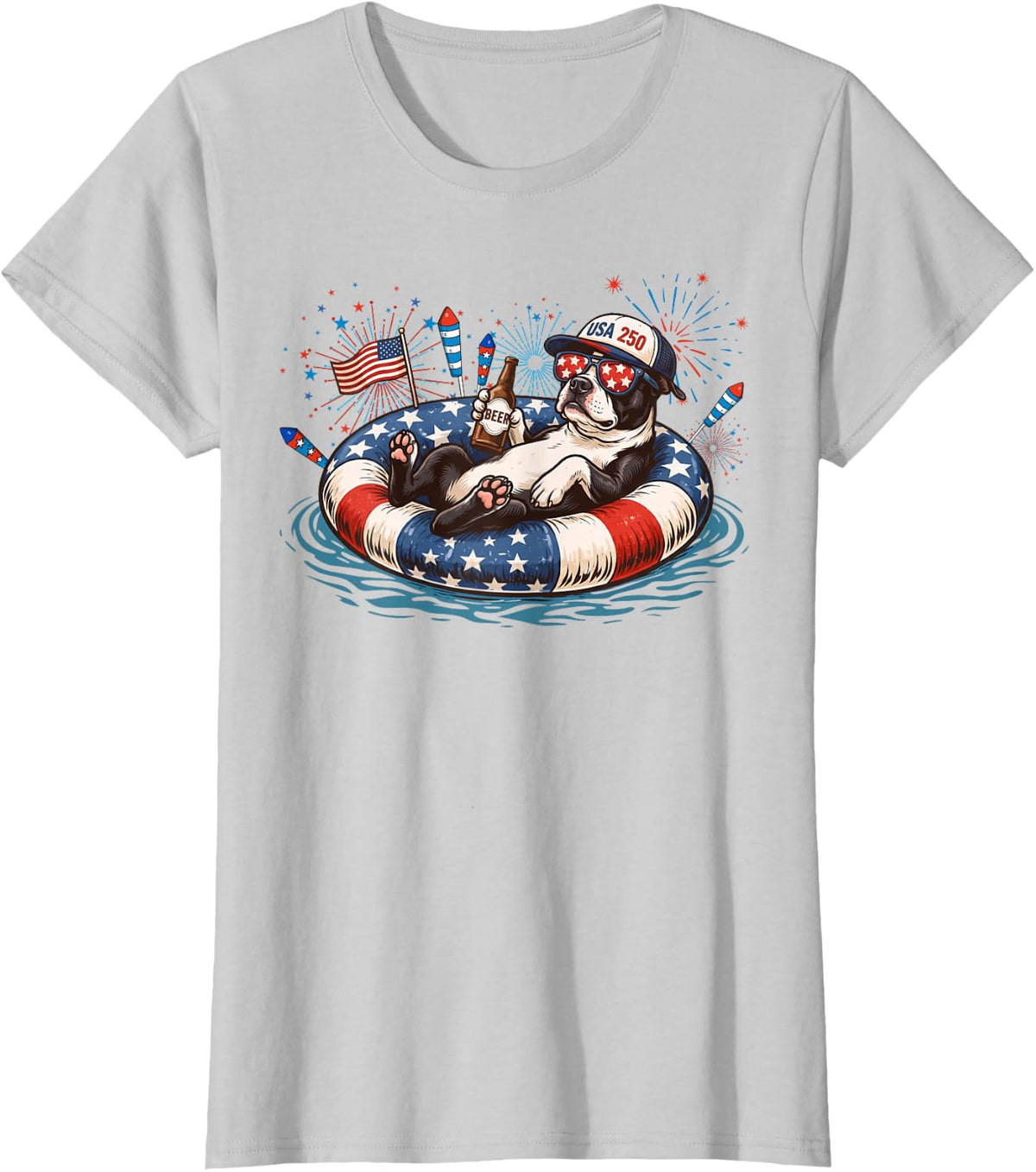 Patriotic Boston Terrier Beer Floatie USA Flag 4th of July T-Shirt - Silver Grey