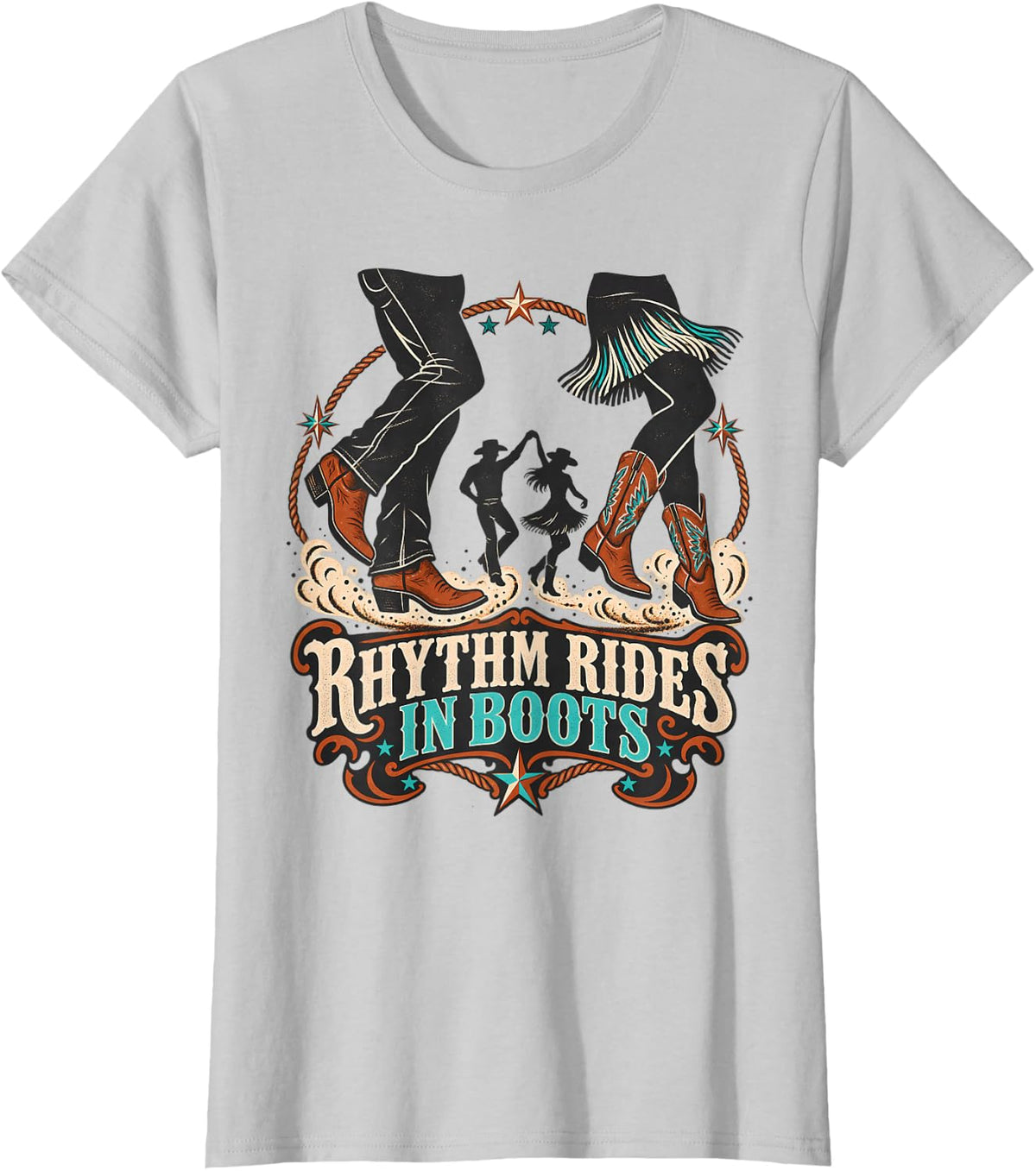 Rhythm Rides in Boots Line Dance Western Dance T-Shirt - Silver Grey