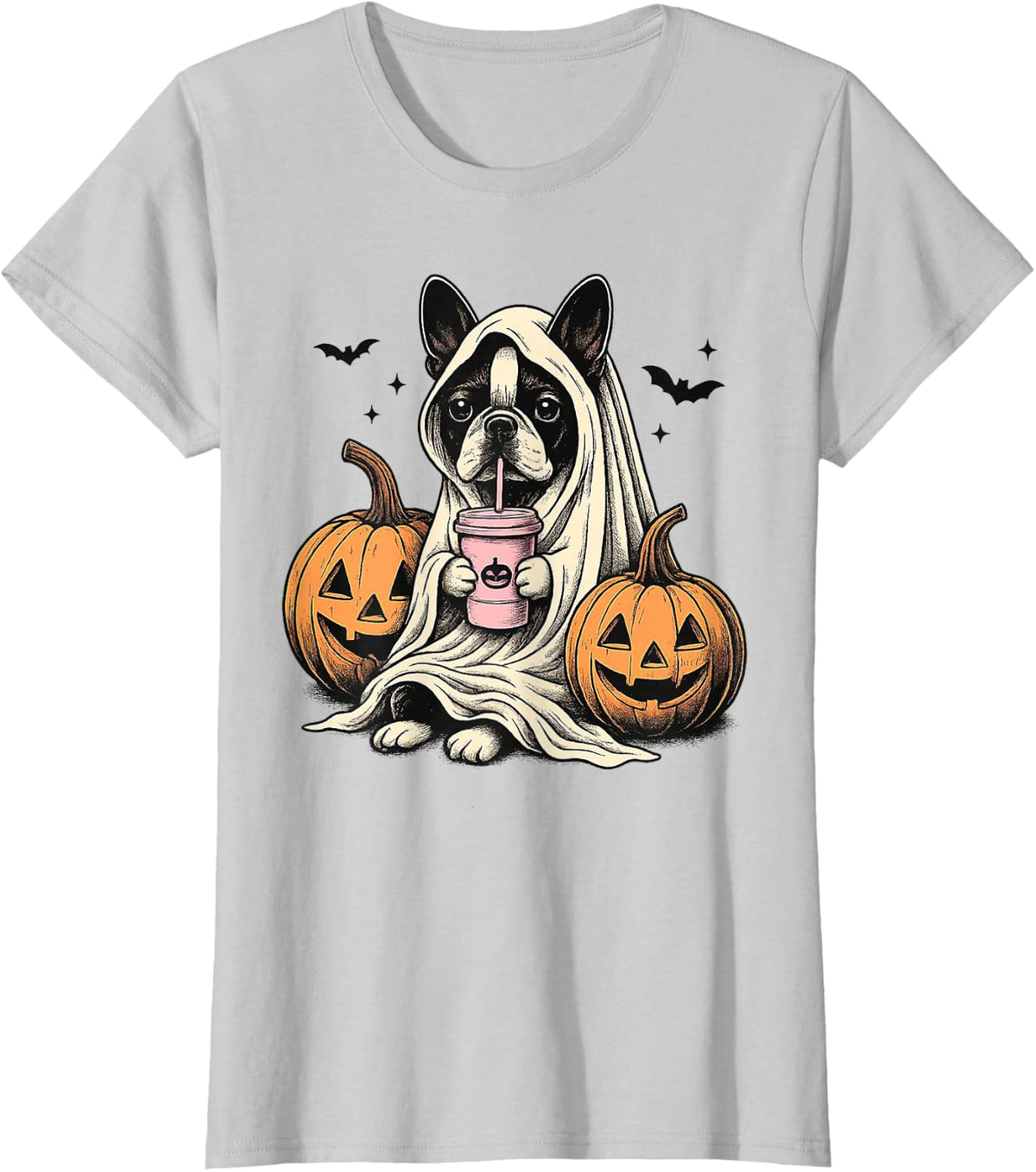 Halloween Boston Terrier Ghost T-Shirt Tee for Dog Lovers Men Women Kids - Silver Grey