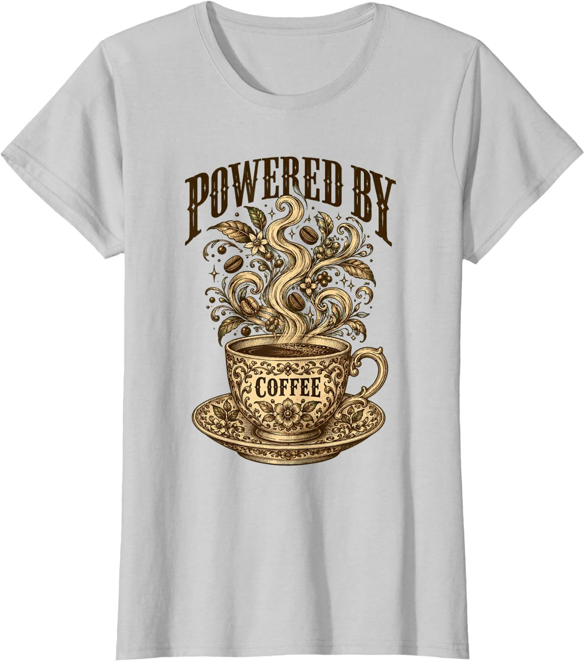 Powered by Coffee Vintage Cup Design for Coffee Lovers T-Shirt - Silver Grey
