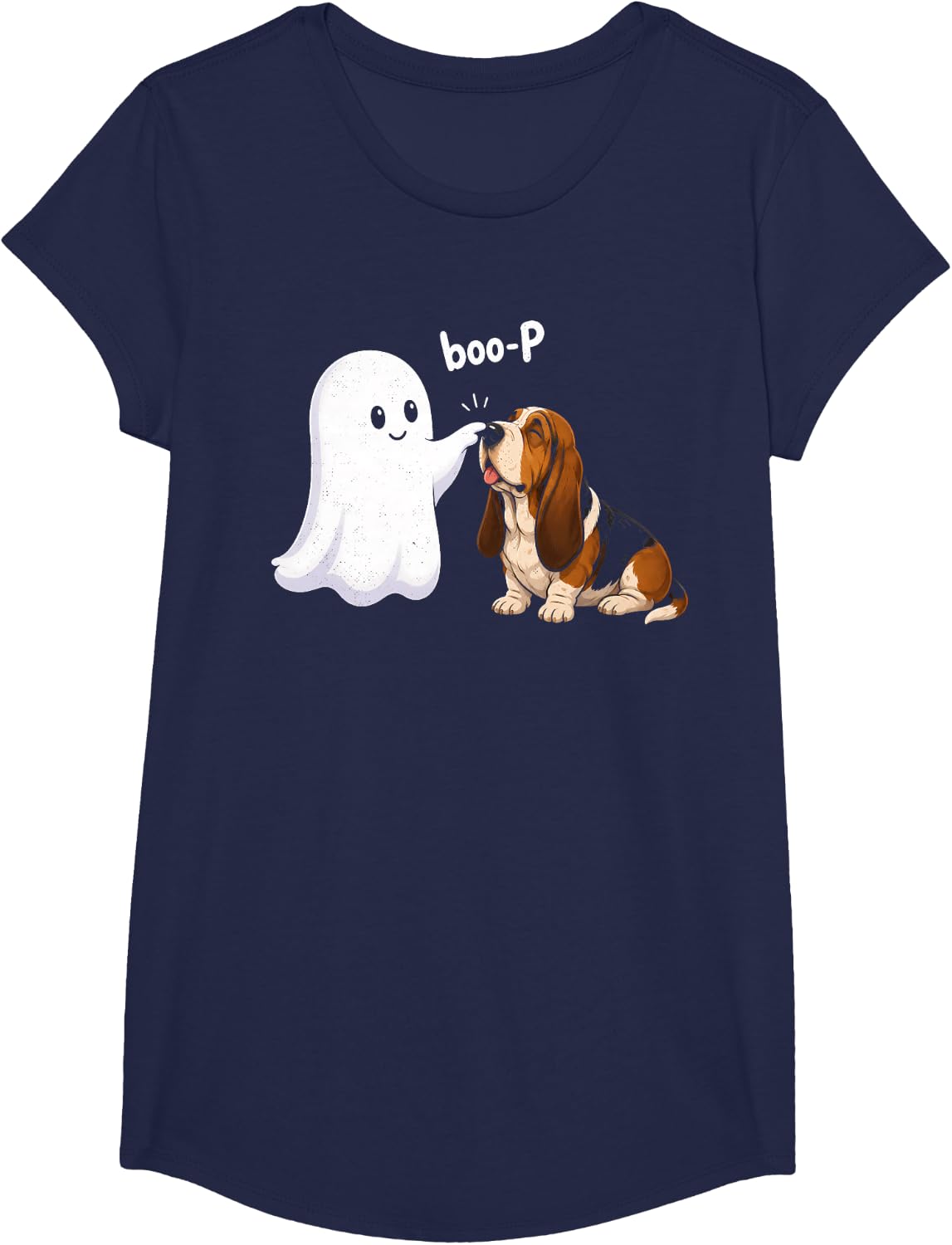 Halloween Basset Hound Ghost Boo-P Funny Dog Lover T-Shirt - Girls Navy Blue